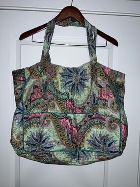 Large Quilted Paisley Tote Bag in Mint & Pink